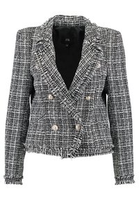 Černo-bílý dvojitě zapínaný blazer z tweedu s perlovými knoflíky, třepenými okraji a přiléhavým střihem.