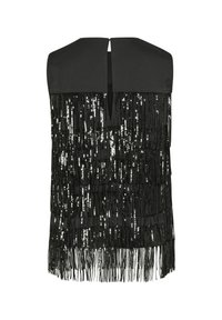Musthave muströng voltita top, millel on struktureeritud krae, kaunistatud vertikaalsete mustade ja hõbedaste franjede ning sädelevate sisekujundustega.