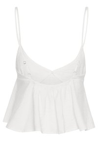 Witte tanktop met dunne bandjes, uitlopende zoom en textuurstof. Kenmerkt een kruislings rugontwerp en elastische tailleband.