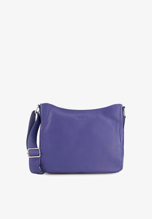 Purple leather shoulder bag with a smooth texture, featuring a zip-top closure, embossed logo, and an adjustable strap for versatility.
