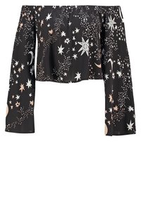 Top negro sin hombros con mangas largas y sueltas. La tela está adornada con un patrón de estrellas y lunas en blanco y rosa pálido.