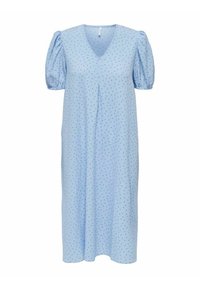 Vaaleansininen polvimittainen mekko, jossa on lyhyet puffihihat, V-kaula-aukko, laskostettu etuosa ja pieniä kukkakuoseja. Kevyt, teksturoitu kangas.