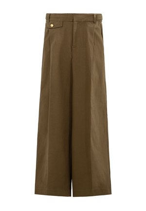 Pantalons à jambe large en tissu vert olive foncé, avec un devant plat, des poches latérales et un détail de bouton à la taille.