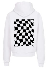 White hooded sweatshirt featuring a black and white checkered pattern on the back with irregular wave-like distortion and text.