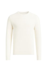 Maglione a maniche lunghe color crema con colletto rotondo e un sottile motivo texturizzato, mostrato frontalmente su uno sfondo bianco.