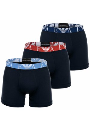Three pairs of navy boxer shorts with elastic bands. Bands feature the Emporio Armani logo in blue and red, with a textured finish.