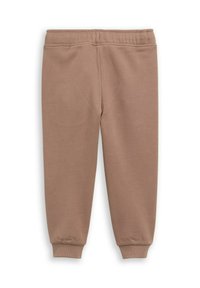 Bruine sweatpants met een gladde textuur, elastische tailleband en boorden. Geen zichtbare patronen of accenten. Standaard taps toelopende broekspijpen.