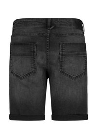 Dark denim shorts with a rolled hem, featuring two back pockets and a waistband label. The fabric has a smooth texture and slight shine.