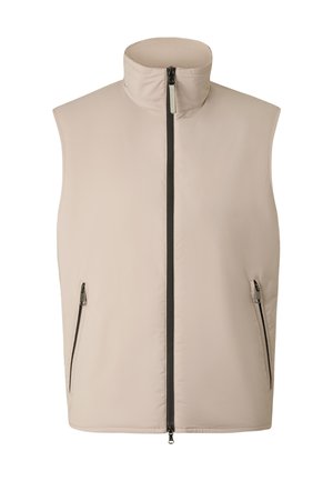 Beige mouwloos vest met hoge kraag, zwarte rits aan de voorkant en twee ritszakken aan de zijkanten.