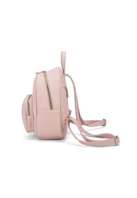 Zaino in ecopelle rosa con forma arrotondata, dotato di due scomparti con zip, spallacci regolabili e dettagli in metallo dorato.