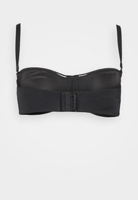 Black bandeau bra with padded cups, adjustable straps, and a hook-and-eye closure. Smooth, stretchy fabric with a matte finish.