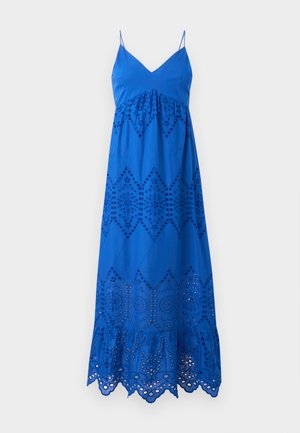 Robe maxi en coton bleu avec des bretelles spaghetti, ornée de broderies découpées en motifs de diamants et d'un ourlet festonné.