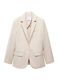Veste beige à fines rayures avec une fermeture par un seul bouton, des revers crantés, deux poches avant et une poche poitrine. Confectionnée en tissu texturé.