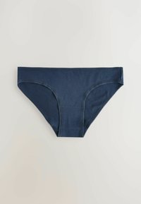 Marineblauwe katoenen slip met een gladde textuur, zijnahts en een decoratieve stiksel langs de tailleband en de beenopeningen.