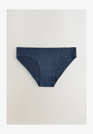 Marineblå bomuldsboxershorts med en glat tekstur, sidesømme og en dekorativ stikning langs taljebåndet og benåbningerne.