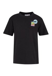 Black cotton t-shirt with short sleeves, featuring a multicolored graphic design on the front including a globe and a circular logo.
