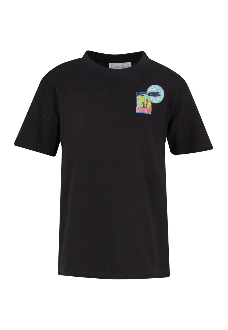 Black cotton t-shirt with short sleeves, featuring a multicolored graphic design on the front including a globe and a circular logo.