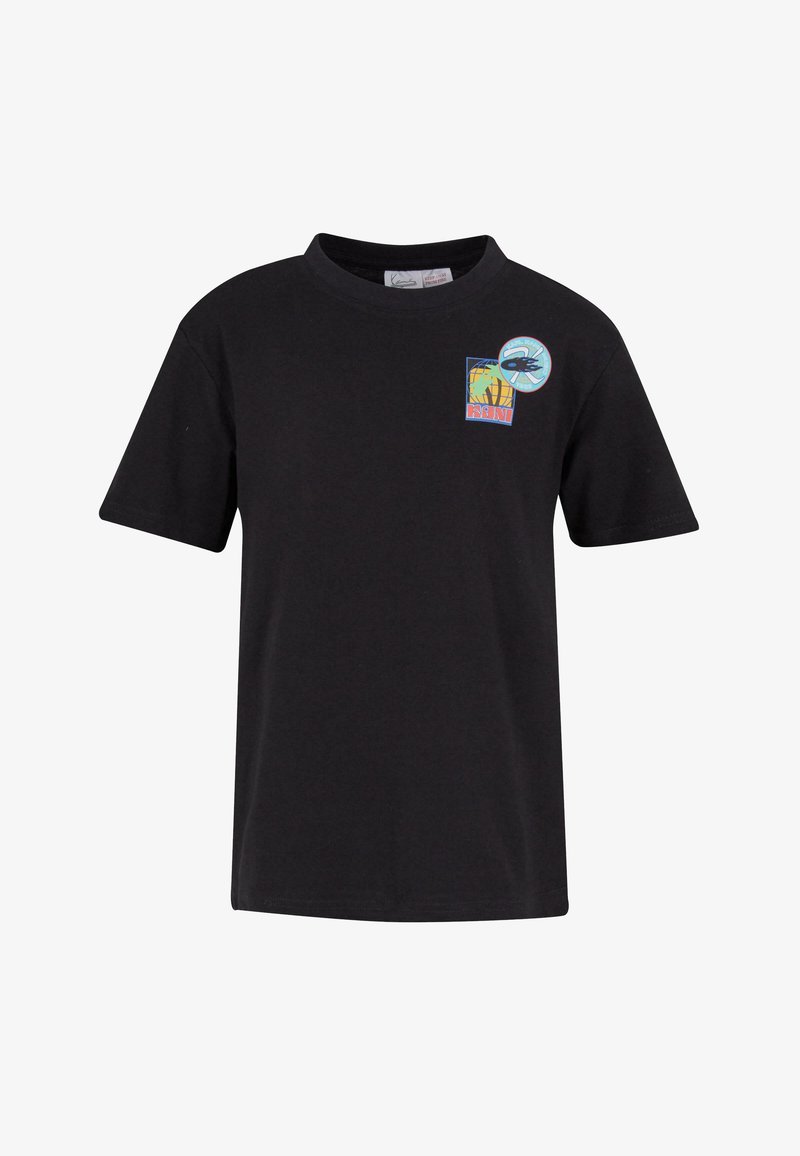 Black cotton t-shirt with short sleeves, featuring a multicolored graphic design on the front including a globe and a circular logo.