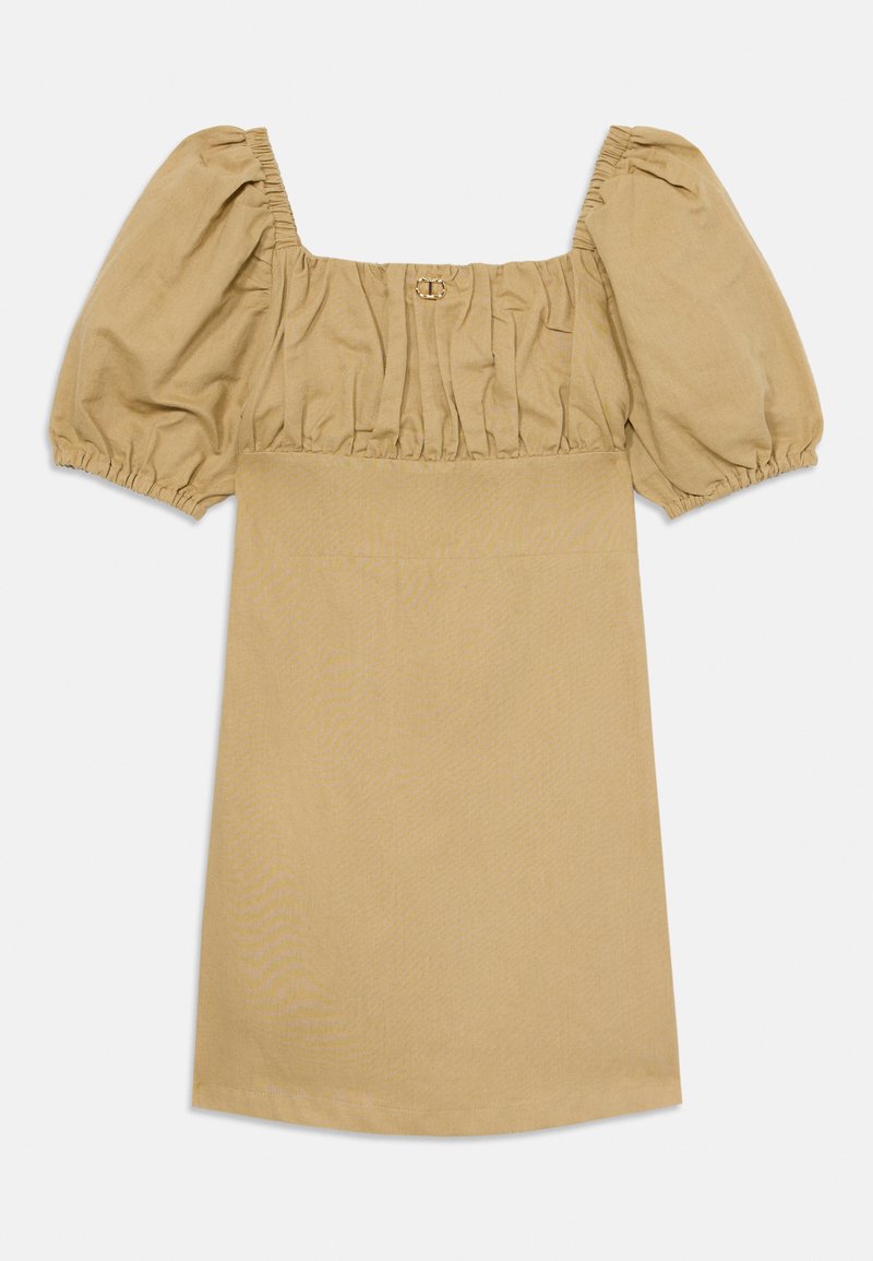 Vestido de manga curta em algodão bege. Apresenta um decote quadrado e um corpo franzido, com mangas bufantes e uma bainha reta.