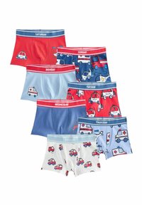 Pack de sept paires de boxers pour garçons dans diverses couleurs : rouge, bleu et blanc ; avec des illustrations de véhicules et des étiquettes de jour sur la ceinture.