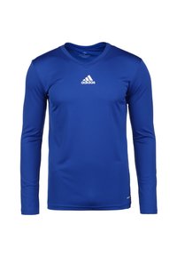 Langsleeve blauwe sportshirt gemaakt van vochtafvoerende stof, met een v-hals en een wit Adidas-logo op de borst.