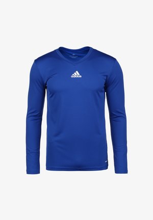 Long-sleeve blue athletic shirt made from moisture-wicking fabric, featuring a v-neck and a white Adidas logo on the chest.