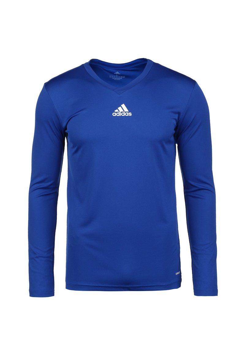 Langsleeve blauwe sportshirt gemaakt van vochtafvoerende stof, met een v-hals en een wit Adidas-logo op de borst.