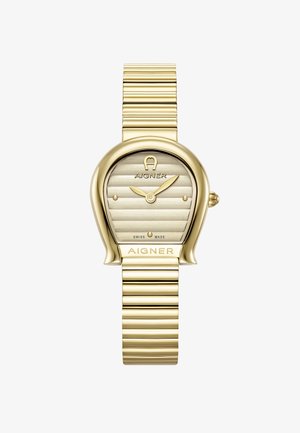 Aigner guldfarvet armbåndsur med et buet urhus, tekstureret sølvskive med horisontale striber og en børstet metalarmbåndsrem.