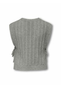Gilet grigio lavorato a maglia con schiena aperta, caratterizzato da motivi verticali e lacci laterali per la regolazione. Texture morbida e design leggero.