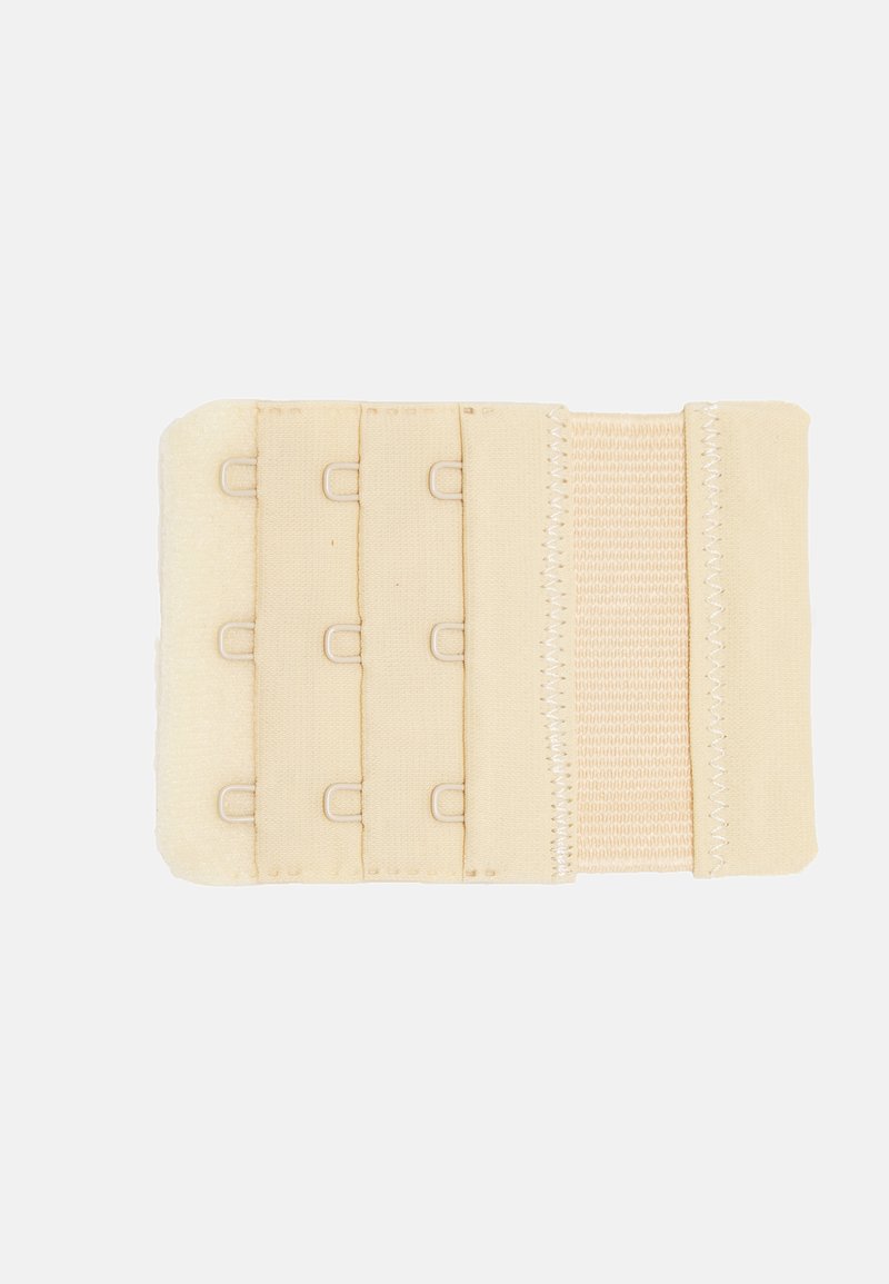 Estensore per reggiseno beige con quattro ganci e occhielli, tessuto morbido, bande elastiche e bordi cuciti per una maggiore durata.