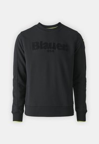 Černý dlouhý rukáv svetr s kulatým výstřihem s textem "Blauer USA" na prsou a jemnými neonově žlutými detaily na manžetách rukávů a límci.