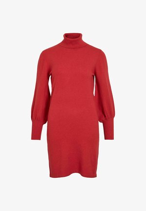 Vestido rojo de manga larga con cuello alto, que presenta mangas globo y puños de canalé, confeccionado en tejido suave con una textura lisa.