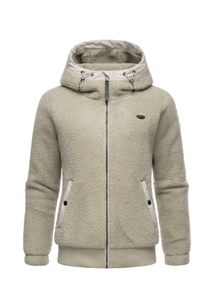 Fuzzy lys grå fleece hoodie med fuld længde lynlås, dobbelte sidelommer, justerbar snøre i hætten og kontrasterende stofdetaljer.