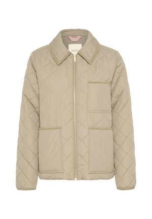 Veste matelassée beige avec un col pointu, une fermeture éclair dorée et deux poches avant. Bordée de détails contrastants en vert olive.