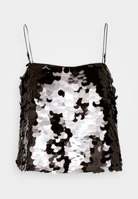 Czarny i srebrny top z cekinami, z regulowanymi ramiączkami spaghetti, o luźnym kroju i błyszczącej powierzchni.