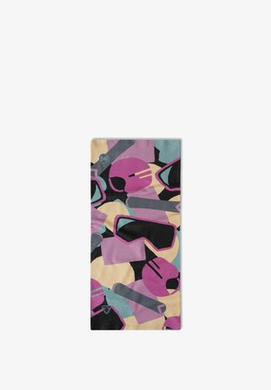 Multifunktionales Buff, das ein buntes geometrisches Muster mit pinken, schwarzen und hellblauen Formen zeigt, einschließlich Schutzbrillen und Helmen.