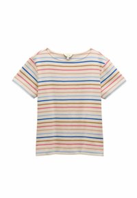 Striped short-sleeve T-shirt in cream, featuring horizontal stripes in shades of pink, blue, and brown. Soft cotton material, relaxed fit.