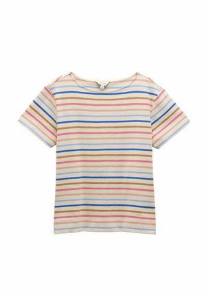 Gestreiftes Kurzarm-T-Shirt in Creme, mit horizontalen Streifen in rosa, blau und braun. Weiches Baumwollmaterial, lockere Passform.
