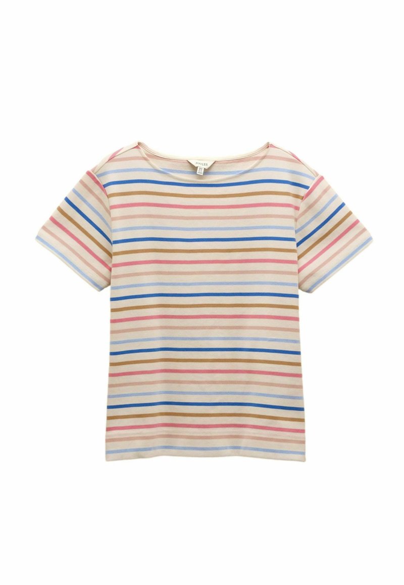Striped short-sleeve T-shirt in cream, featuring horizontal stripes in shades of pink, blue, and brown. Soft cotton material, relaxed fit.