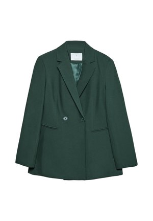Blazer verde scuro realizzato in tessuto testurizzato, con rever a notched, due bottoni, tasche laterali e una fodera interna liscia.