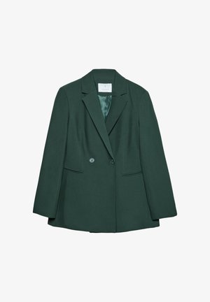 Dunkelgrünes Blazer aus strukturiertem Stoff, mit Reverskragen, zwei Knöpfen, Seitentaschen und einem glatten Innenfutter.