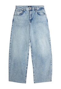 Ljust blå vida denimjeans med rå fåll, fem fickor och knäppning. Slät textur med en urblekt finish och synliga sömmar.