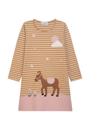 Langärmliges Kinderkleid mit beige-weißen Streifen, mit einem braunen Pferd, Blumen, einer rosa Sonne und einer weißen Wolke.