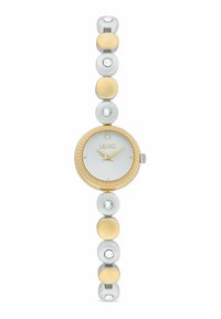Reloj de metal plata y oro con cara redonda, esfera blanca y una correa estampada que presenta enlaces circulares alternos y acentos de strass.
