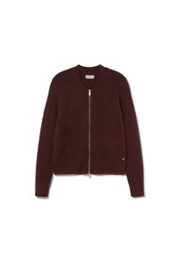 Suéter burdeos con cremallera hecho de un tejido suave y texturizado. Presenta un cuello redondo y detalles en canalé en los hombros y los puños.