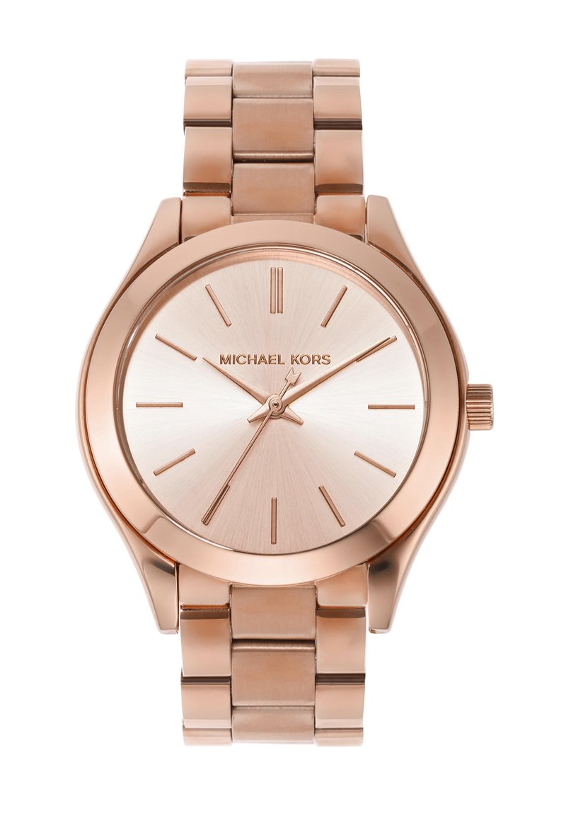 Roséguld metalur ur med rund kasse, minimalistisk urskive og låsarmbånd. Har en børstet finish og lineære time markører.