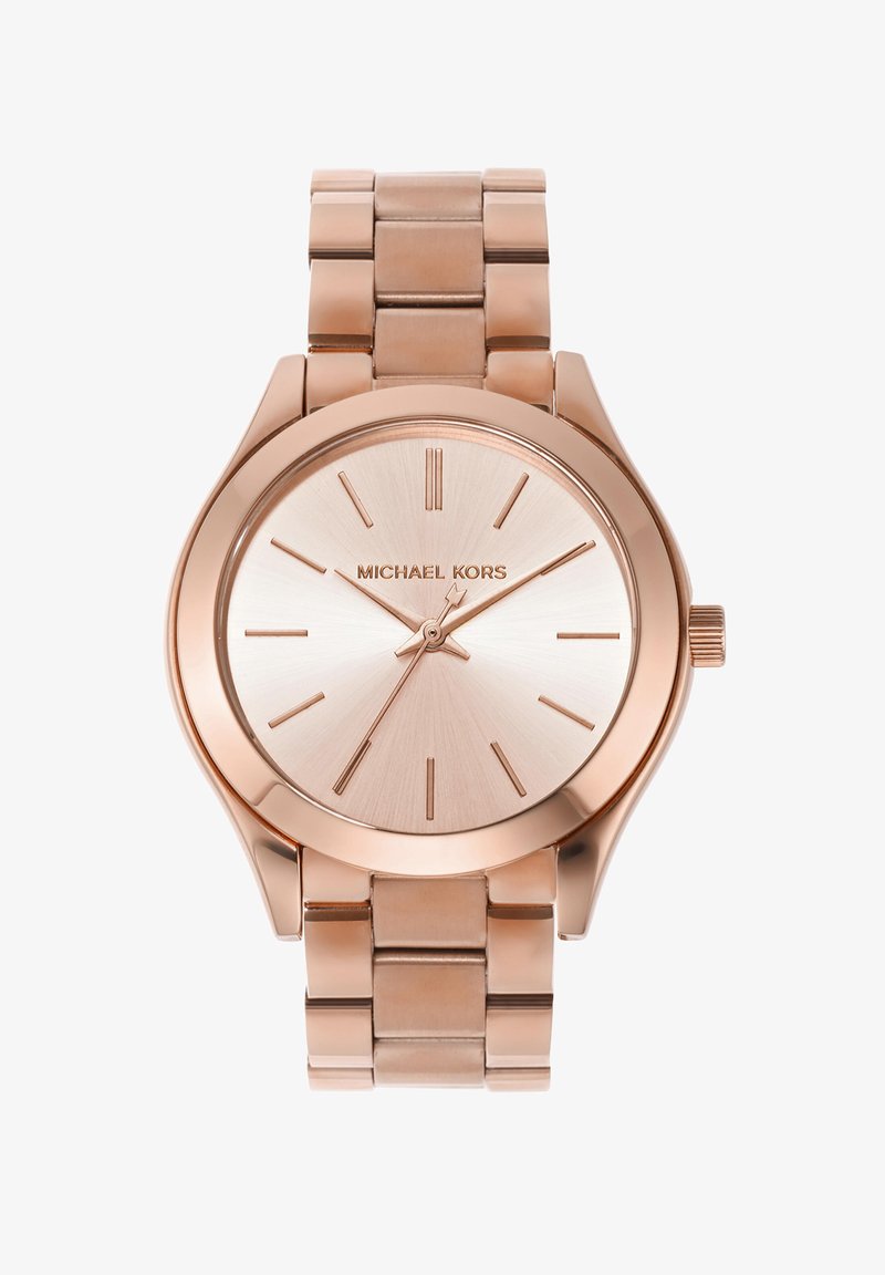 Roséguld metalur ur med rund kasse, minimalistisk urskive og låsarmbånd. Har en børstet finish og lineære time markører.