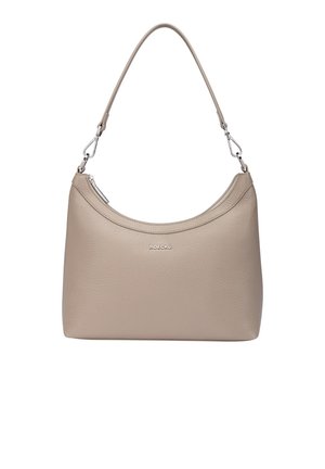 Beige leather handbag with a smooth texture, rounded body, short shoulder strap, and silver hardware. Features a zip closure and logo detail.