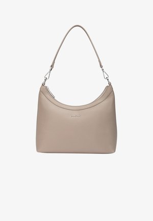 Beige leather handbag with a smooth texture, rounded body, short shoulder strap, and silver hardware. Features a zip closure and logo detail.
