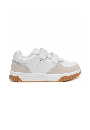 Biało-beżowe niskie sneakersy z dwoma paskami na rzepy i gumową podeszwą, zaprojektowane do codziennego noszenia.